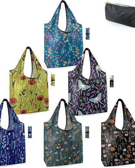 BeeGreen Aesthetic Tote Bags Flowering Shrub Gifts for Women Travel Floral Reusable Grocery Bags Shopping Bags Bulk 6 Pack 50LBS X-Large Foldable-Machine Washable