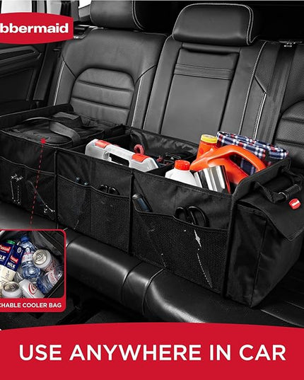 Rubbermaid Car Organizer, Collapsible Trunk Organizer with Lid & Removable Leakproof Cooler Bag, Multi-Compartment Car Storage Organization for Car Accessories, 5 Compartments Without Cover,