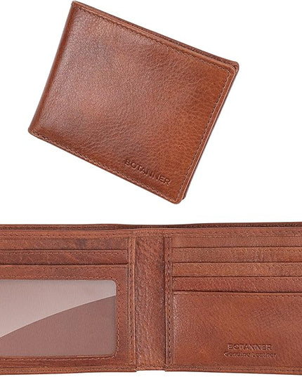 BOTANNER Genuine Leather Mens Bifold Wallet RFID Blocking 5 Credit Card Slots 1 ID Window 2 Sections for Bills 2 Additional Slots | Coffee brown