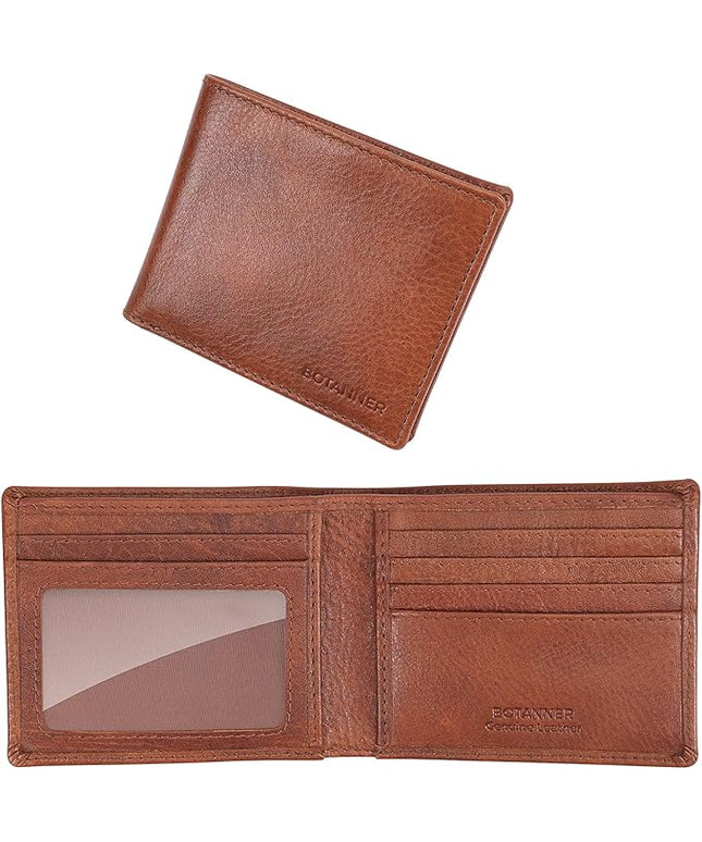 BOTANNER Genuine Leather Mens Bifold Wallet RFID Blocking 5 Credit Card Slots 1 ID Window 2 Sections for Bills 2 Additional Slots | Coffee brown