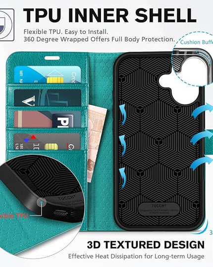 TUCCH Wallet Case for iPhone 16, [RFID Blocking] 4 Card Holder Kickstand [Shockproof TPU Interior Case] PU Leather Magnetic Closure Protective Flip Cover Compatible with iPhone 16 5G 2024, Cyan