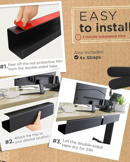 No-Screw Under Desk Cable Management Tray - Self-Adhesive Installation, Cord Management, Cable Tray, Under Desk Wire Organizer - Black Set of 4