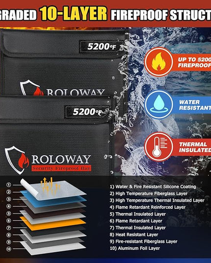 ROLOWAY Fireproof Bag (9.6 x 6.6 inches) 5200℉ Heat Insulated, Fireproof Money Bag with Zipper for Cash (2-Pack Black)
