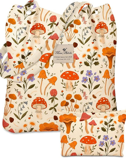Aesthetic 2 Pack Corduroy Tote Bag - with Makeup Pouch Bag for Women Reusable Grocery Bag for Gym, Travel, Work