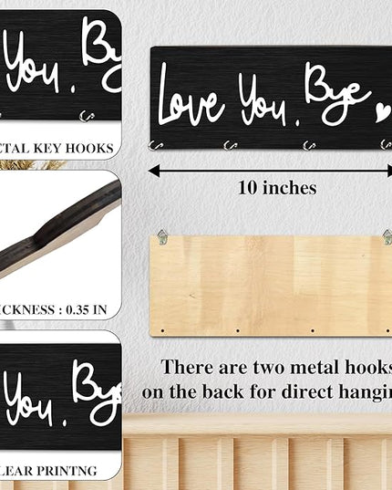 MBYHP Wooden Key Holder with 4 Hooks - Love You Bye Decorative Key Organizer for Wall - Home Office Kitchen Hallway Entryway Wall Decor for Keys, Dog Leash Hanging - A05