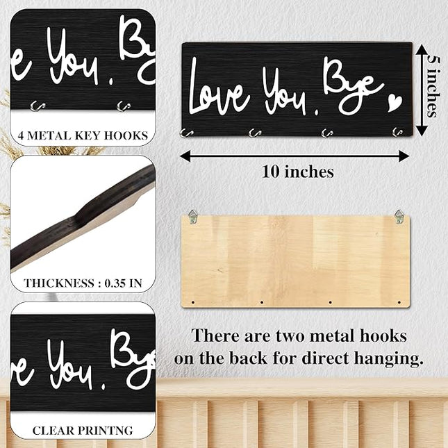 MBYHP Wooden Key Holder with 4 Hooks - Love You Bye Decorative Key Organizer for Wall - Home Office Kitchen Hallway Entryway Wall Decor for Keys, Dog Leash Hanging - A05