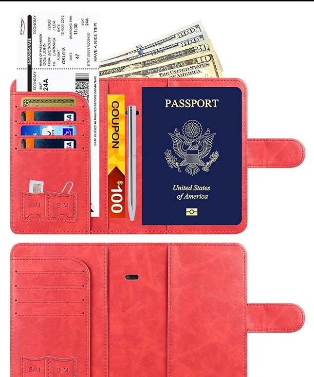 Passport Holder Cover Wallet Travel Essentials Leather Rfid Blocking Case Vacation Luggage Must Haves Travel Accessories for Men Women (120#Red)