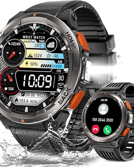 KE5 Military Smart Watch for Men with Flashlight SOS 3ATM Waterproof Watch 530mAh Big Battery 1.45" Rugged Tactical Smartwatch with Compass Elevation Barometer Fitness Watch for iPhone (Leather)