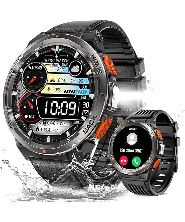 KE5 Military Smart Watch for Men with Flashlight SOS 3ATM Waterproof Watch 530mAh Big Battery 1.45" Rugged Tactical Smartwatch with Compass Elevation Barometer Fitness Watch for iPhone (Leather)