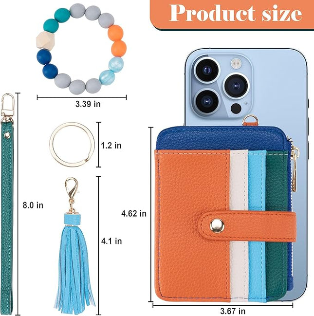 Keychain Wallet with Bracelet RFID Blocking Wristlet Credit Purse Card Holder, Silicone Bead Tassel Key Ring for Women