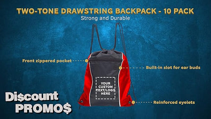 DISCOUNT PROMOS Two-Tone Drawstring Backpack Non-Woven - 10 pack - Customizable Text, Logo - Durable Sports Backpacks - Ideal for Sports, Travel, Gym & More - Red
