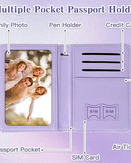 Passport Holder for Travel, RFID Blocking Passport Cover with Pen Holder Leather Passport Wallet Case Travel Must Haves Accessories Passport Book Card Holder for Family Travel Essentials Gifts, Purple
