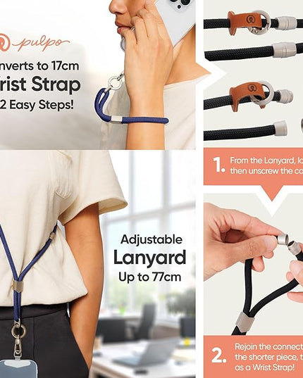 Pulpo 2 in 1 Anti Theft Phone Lanyard and Wrist Strap for iPhone and Android, Adjustable Cell Phone Leash and Universal Tether, Hands Free Strap for Travel Running and Everyday Use, Navy