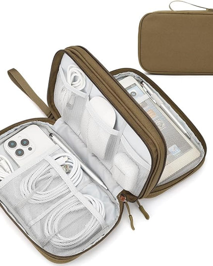 FYY Electronic Organizer, Large Travel Cable Organizer Bag Pouch Electronic Accessories Carry Case Portable Waterproof Double Layers All-in-One Storage Bag for Cable, Cord, Charger, Phone, Brown