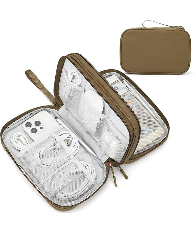 FYY Electronic Organizer, Large Travel Cable Organizer Bag Pouch Electronic Accessories Carry Case Portable Waterproof Double Layers All-in-One Storage Bag for Cable, Cord, Charger, Phone, Brown