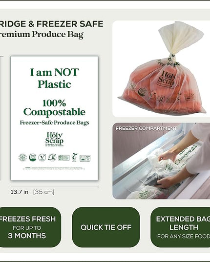 100% Compostable Produce Freezer Bags 3 Gallon Size - 50 Pack - Freezer Safe Bag for Food Storage, Eco Friendly, Plant Based Recyling Kitchen Storage Bags - BPI Certified, OK Compost Home