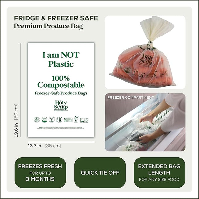 100% Compostable Produce Freezer Bags 3 Gallon Size - 50 Pack - Freezer Safe Bag for Food Storage, Eco Friendly, Plant Based Recyling Kitchen Storage Bags - BPI Certified, OK Compost Home