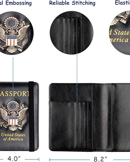 TOURSUIT RFID Blocking Passport Holder for Women Men, Leather Passport Travel Wallet with Metal 3D Metal Badge, Travel Document Holder Cover Accessories (Black)
