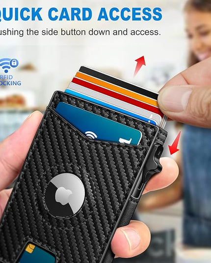 miyozi Airtag Wallet for Men Money Clip 9-Card Pop-Up Credit Card Holder with ID Window RFID Blocking Metal Case Magnetic Closure Front Pocket Wallet Gift Box