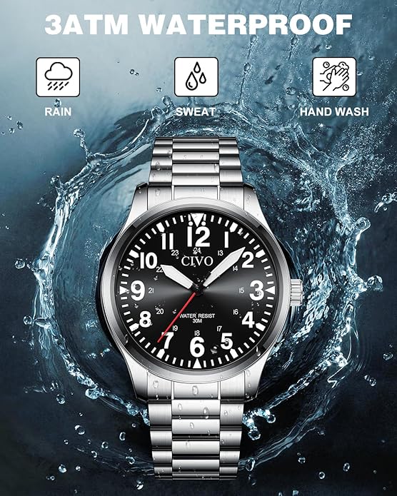 CIVO Analog Wrist Watches for Men: Waterproof Stainless Steel Mens Watches - Silver Watch with Easy Read Dial Men's Watch for Gift