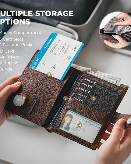 VULKIT Dual Leather Passport Wallet with Airtag Holder Slim Double Passport Holder RFID Blocking Passport Travel Wallet for Women or Men