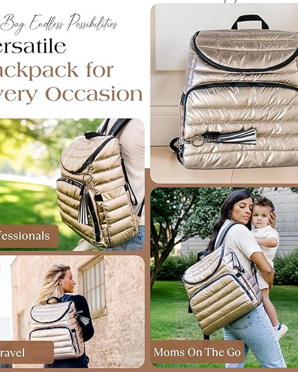 Citi Collective Gallery Diaper Bag Backpack - Casual Day-to-Day Backpack Fits 15" Laptop - Travel Bag with Multiple Compartments, Pockets, Portable Changing Pad, and Shoulder Strap-Gold