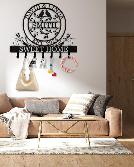Dyoart Key Holder for Wall, Personalized Couple's Name Key Rack Coat Rack, Metal Key Holder Wall Mount for Housewarming Gifts, Key Hook Wall Hanging Bedroom Hallway Decor