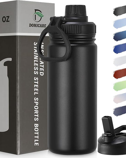 DOMICARE 16 oz Kids Water Bottle for School Stainless Steel Double Wall Vacuum Insulated Water Bottle with Straw lids & Spout Lid, Leakproof BPA Free （Black,1)