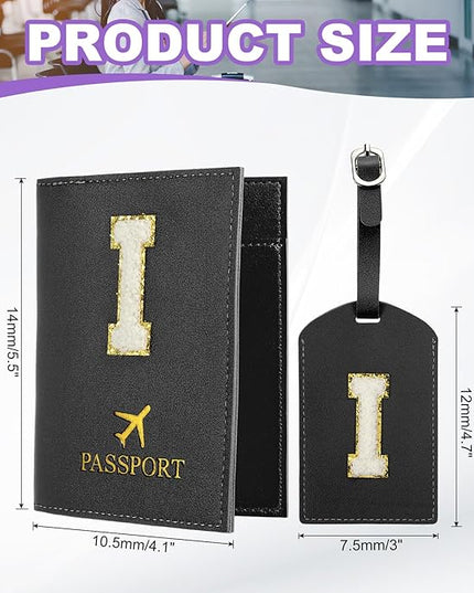 PATIKIL Passport Holder for Travel, Initial Passport Cover and Luggage Tag Set with Alphabet Chenille Letter Patch Travel Wallet Bag Suitcase Identifier for Women Family Travel Black I