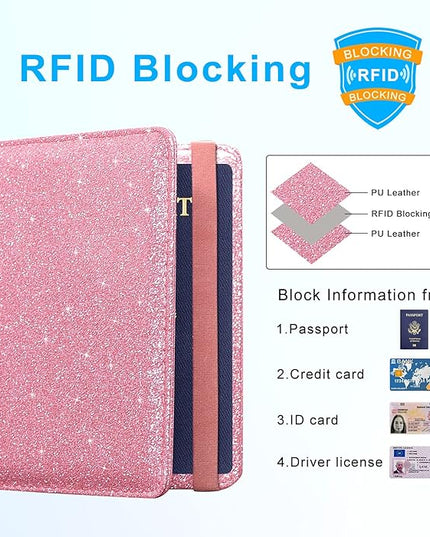 ACdream Passport Holder Cover, Leather Travel Wallet Case, RFID Blocking Document Organizer Protecrtor, with Slots for Credit Cards, Boarding Pass, for Women and Men, Glitter Pink