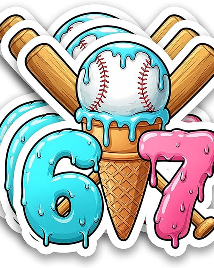 (3Pcs) Funny Baseball 67 Ice Cream Drip Stickers Baseball Drip Number 67 Player Six Seven Meme Sports Humor Vinyl Decal Waterproof Sticker for Water Bottle, Tumbler, Laptop, Phone Case, 3" x 2.9"