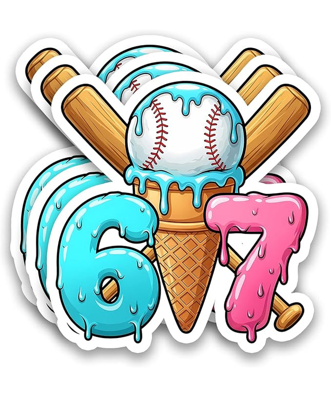 (3Pcs) Funny Baseball 67 Ice Cream Drip Stickers Baseball Drip Number 67 Player Six Seven Meme Sports Humor Vinyl Decal Waterproof Sticker for Water Bottle, Tumbler, Laptop, Phone Case, 3" x 2.9"