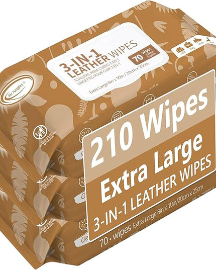 Air Jungles 3in1 Leather Cleaner Wipes 70 Count (Pack of 3), Extra Large 8" x 10" Size, Clean Condition Protect Wipes for Vinyl and Leather Apparel Furniture Auto Car Interior Shoes Boots Bags