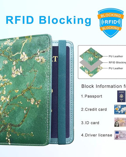 ACdream Passport Holder Cover, Leather Travel Wallet Case, RFID Blocking Document Organizer Protecrtor, with Slots for Credit Cards, Boarding Pass, for Women and Men, Blossom