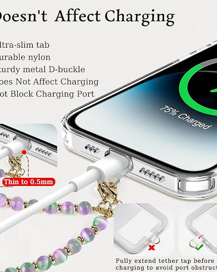 Marble Beaded Phone Wrist Strap,Detachable Phone Bracelet Strap with Tether Tab,Hands-Free Wristlet Strap (Purple Green Cat's Eye)