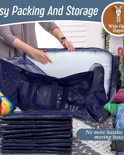 6 Pack Extra Heavy Duty Large Moving Bags with Strong Zipper & Comfortable Handles, Sturdy & Durable Clothes Storage Bags Totes Bins, Blue Packing Moving Boxes for College Supplies, Dark Blue