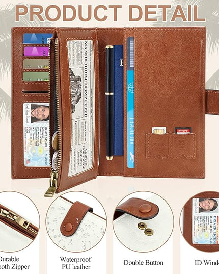 BKNOOU RFID Passport Holder Travel Wallet for Women/Men, Compact Travel Passport Wallet with Card Holders SIM Slots,Zippered Coin Pocket and Cash Slot, PU Leather Passport Holder for Travel Essentials