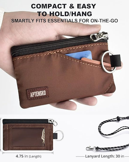 RFID Travel Wallet with Adjustable Lanyard-Zipper Small Wallet with ID Card Holder, Keychain for women&men-Minimalist Slim Waterproof Nylon case for ID, Cash, Key (Coffee)
