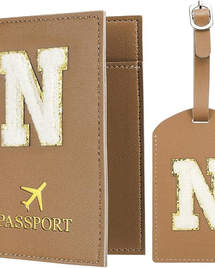 PATIKIL Passport Holder for Travel, Initial Passport Cover and Luggage Tag Set with Alphabet Chenille Letter Patch Travel Wallet Bag Suitcase Identifier for Women Family Travel Brown N