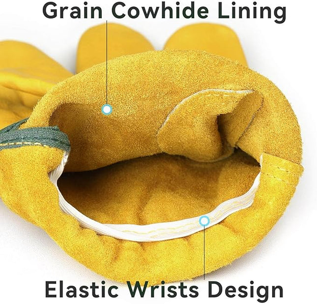 OZERO Leather Work Gloves Flex Grip Tough Cowhide Gardening Glove for Wood Cutting/Construction/Truck Driving/Garden/Yard Working for Men and Women 1 Pair (Gold,Small)