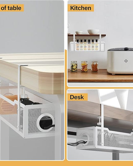 Under Desk Cable Management Tray White, Cinati Wire Organizers No Drill, Cable Tray with Clamp for Wire Management, Cord Organization Box for Office, Home - No Damage to Desk
