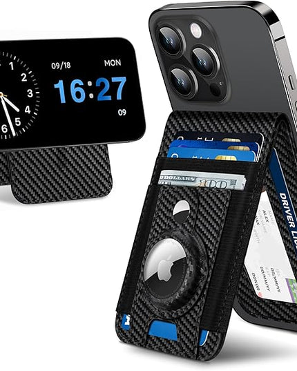 For Magsafe Wallet Stand with Airtag Holder, Strongest Magnetic Wallet for iPhone 17/16/15/14/13/12 Series, ID Window, 4 Card Slots, 10 Cards Holder, Vegan Leather, RFID Blocking, Black Carbon Fiber