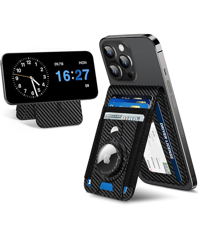 For Magsafe Wallet Stand with Airtag Holder, Strongest Magnetic Wallet for iPhone 17/16/15/14/13/12 Series, ID Window, 4 Card Slots, 10 Cards Holder, Vegan Leather, RFID Blocking, Black Carbon Fiber