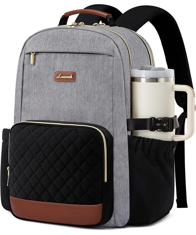 LOVEVOOK Laptop Backpack for Women with Pouch Pocket for Large Capacity Cup,17 Inch Teacher Nurse College Work Travel Backpack Purse,Waterproof Laptop Computer Bags,Grey-Black-Brown+Diamond-shaped