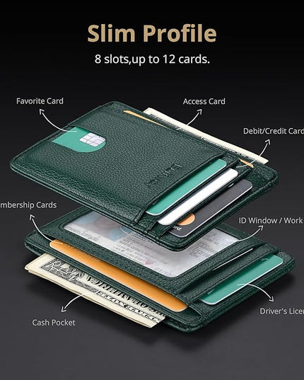 Buffway Slim Minimalist Front Pocket RFID Blocking Leather Wallets for Men and Women - Lichee Green