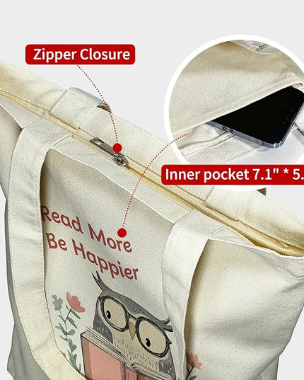 Tote Bag for Women, Reusable Zippered Canvas Bag with Handles Pocket Thick Canvas, for Grocery Shopping Beach Gift