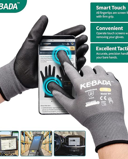 Kebada W1 Work Gloves for Men and Women, PU Coated Safety Gloves with Grip, Touchscreen, Ideal for Warehouse Work, Construction, Gardening, 12 Pairs Gray X-Large