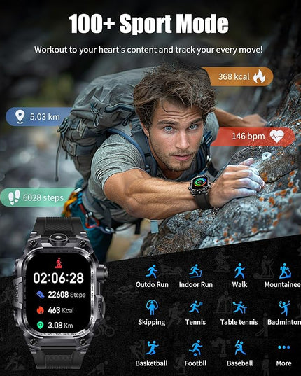 Military Smart Watches for Men(Answer/Make Calls),2.01" HD Screen Sports Smartwatch with LED Flashlight/700mAh Battery,IP68 Waterproof Fitness Tracker for Android iOS,100+Sport Modes,Black