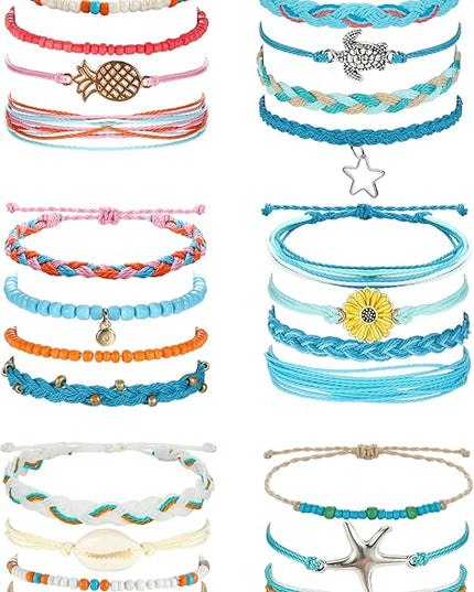 LOLIAS 24 Pieces Waterproof String Bracelets for Women Surfer Wave Boho Bracelet Adjustable Handmade Friendship Bracelet String Ocean Beach Boho Bracelets Anklets for Women