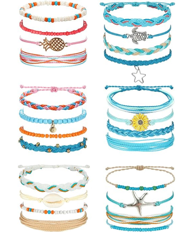 LOLIAS 24 Pieces Waterproof String Bracelets for Women Surfer Wave Boho Bracelet Adjustable Handmade Friendship Bracelet String Ocean Beach Boho Bracelets Anklets for Women